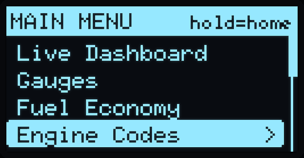 Main menu, Engine Codes highlighted